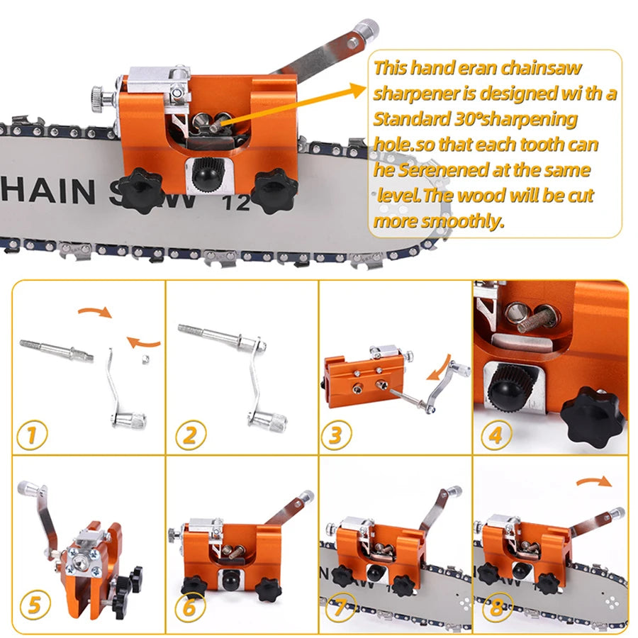 1 Set of Chainsaw Sharpener Kit, Portable Chainsaw Sharpener, Hand-Cranked Chainsaw Sharpening Tool, with 4 Dual-Purpose Carbide Sharpening Heads, Extended Guide Sleeve Design, Chainsaw Sharpening Clamp, Used for Quick Sharpe