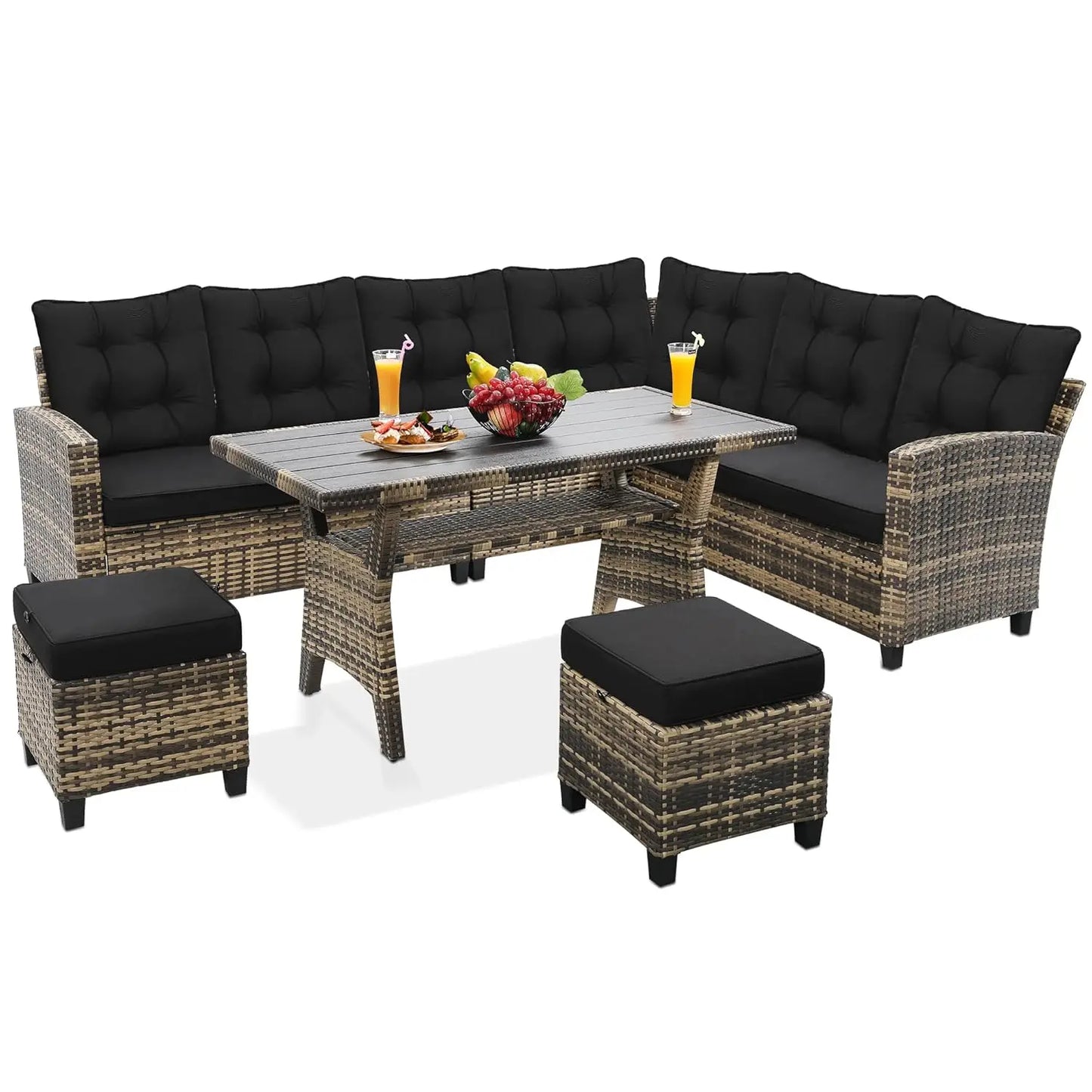 6-Piece Patio Set Sectional Sofa Dining Table Chairs All-Weather Removable Cushion Garden Porch Backyard, Customized