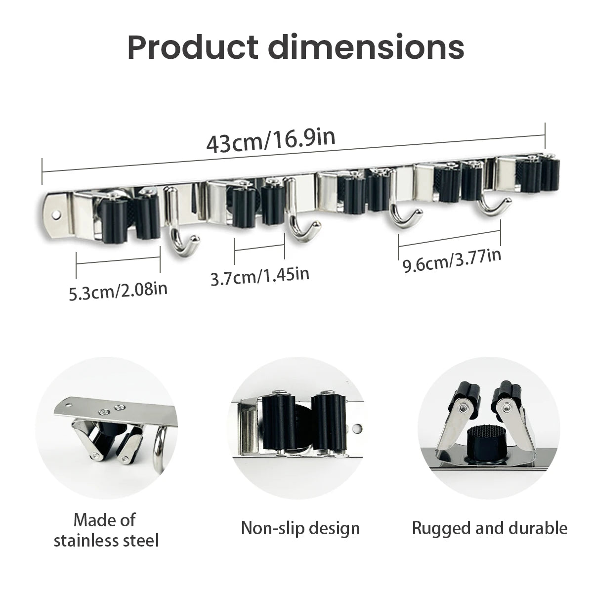4-Hook Adhesive Broom Mop Organizer Stainless Steel Wall-Mounted Non-Slip Rack Storage Solution for Home Kitchen Garden Laundry