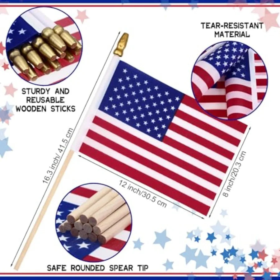 150 Pcs Small American Flags on Stick 8 x 12 Inch Mini US Flags Wooden Stick Bulk for 250th Anniversary Lawn Yard 4th of July Decor