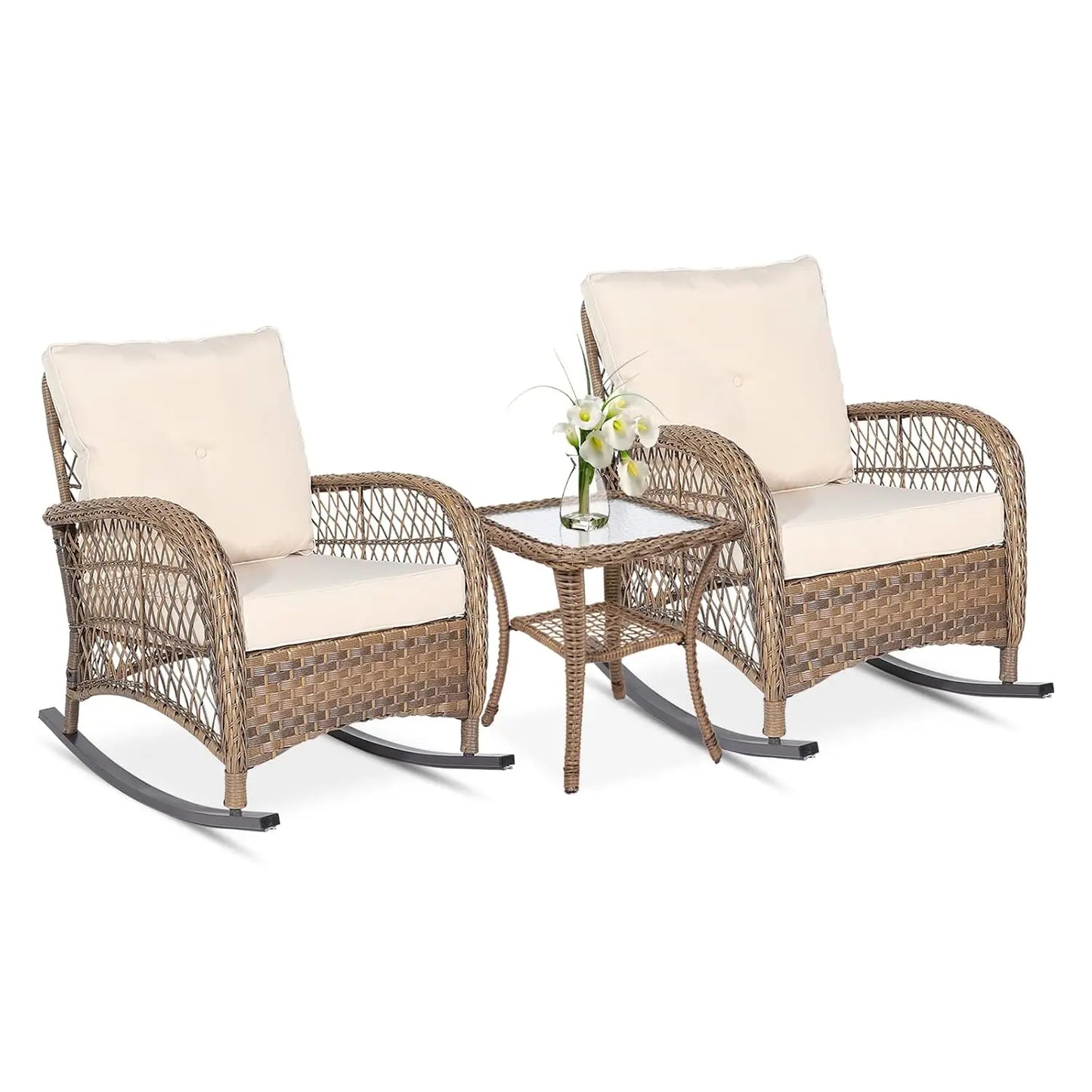 3-Piece Outdoor Conversation Bistro Set, Patio Wicker Rocking Chairs Rattan Furniture Sets w/ 2 Rattan Chairs,, Customized