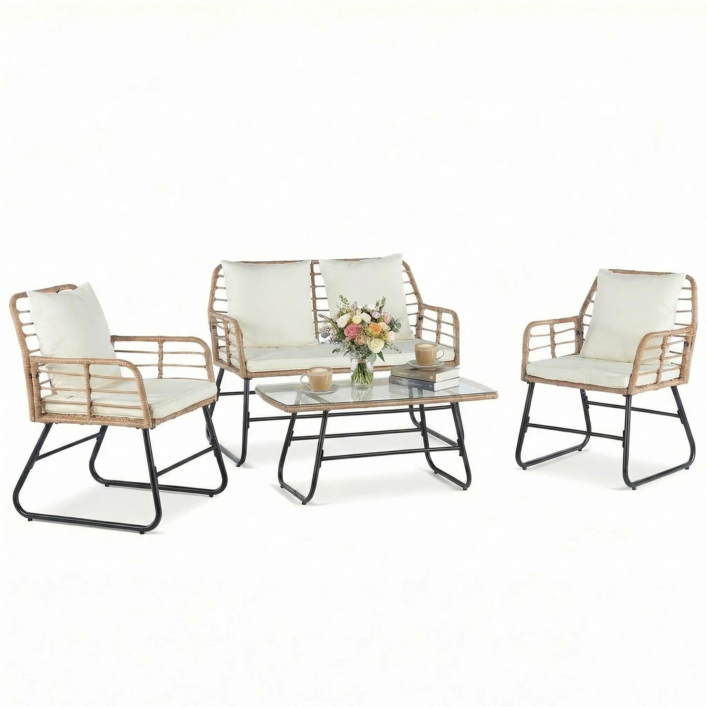 JHK Outdoor Wicker Patio Furniture Set 4 Pieces with Soft Cushion and Glass Table Manual Weaving Patio Chairs For Garden Lawn