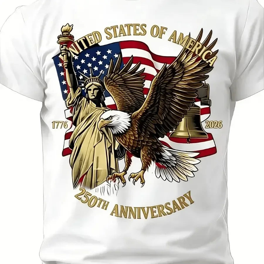 【New Arrival】250th Anniversary USA 1776-2026 T-Shirt American Eagle Liberty Bell Statue of Liberty Patriotic Red Casual Cotton Short Sleeve Tee Unisex Crew Neck Top