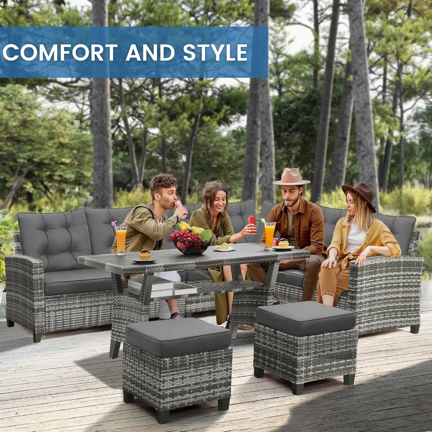 6-Piece Patio Set Sectional Sofa Dining Table Chairs All-Weather Removable Cushion Garden Porch Backyard, Customized
