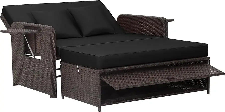 Patio Rattan Daybed Set, Wicker Loveseat Sofa w/Multipurpose Ottoman & Retractable Side Tray, 4-Level Adjustable Backrest, Foot, in Multiple colors.