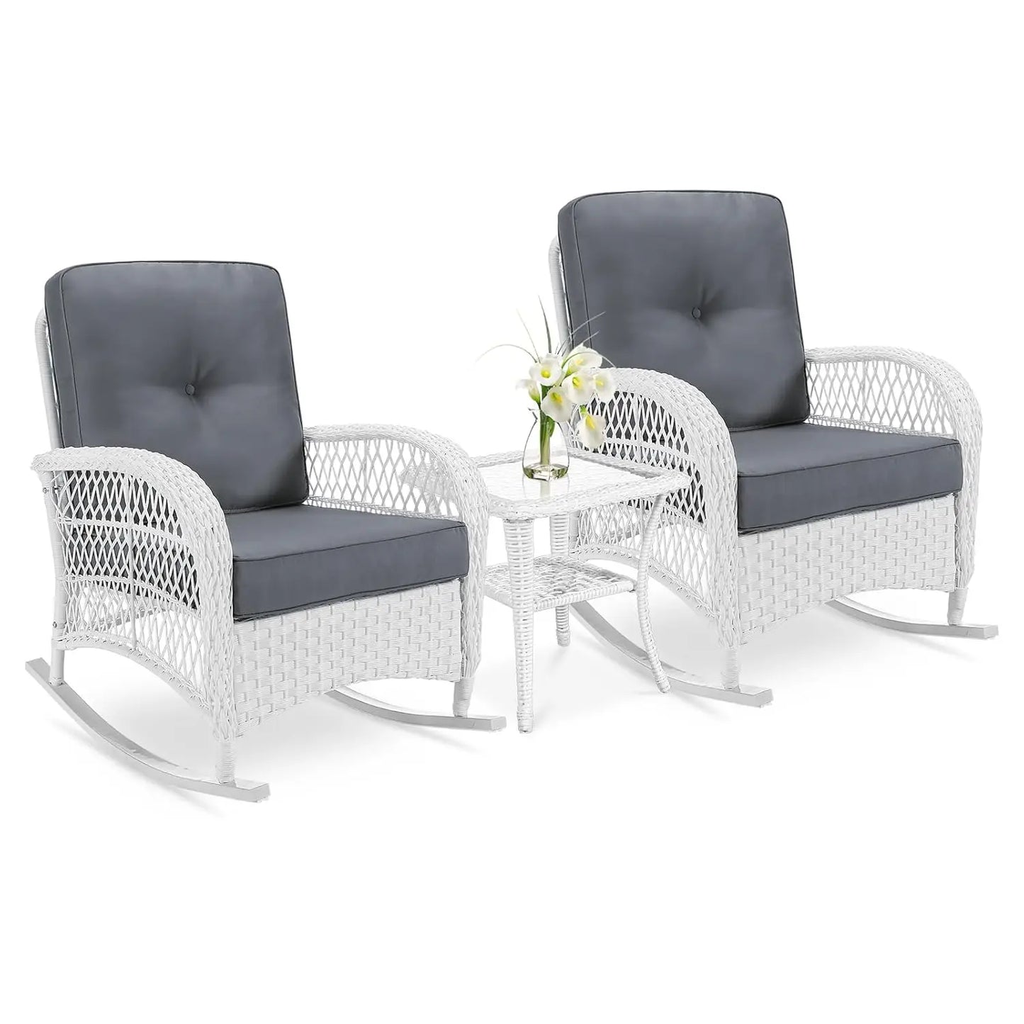 3-Piece Outdoor Conversation Bistro Set, Patio Wicker Rocking Chairs Rattan Furniture Sets w/ 2 Rattan Chairs,, Customized