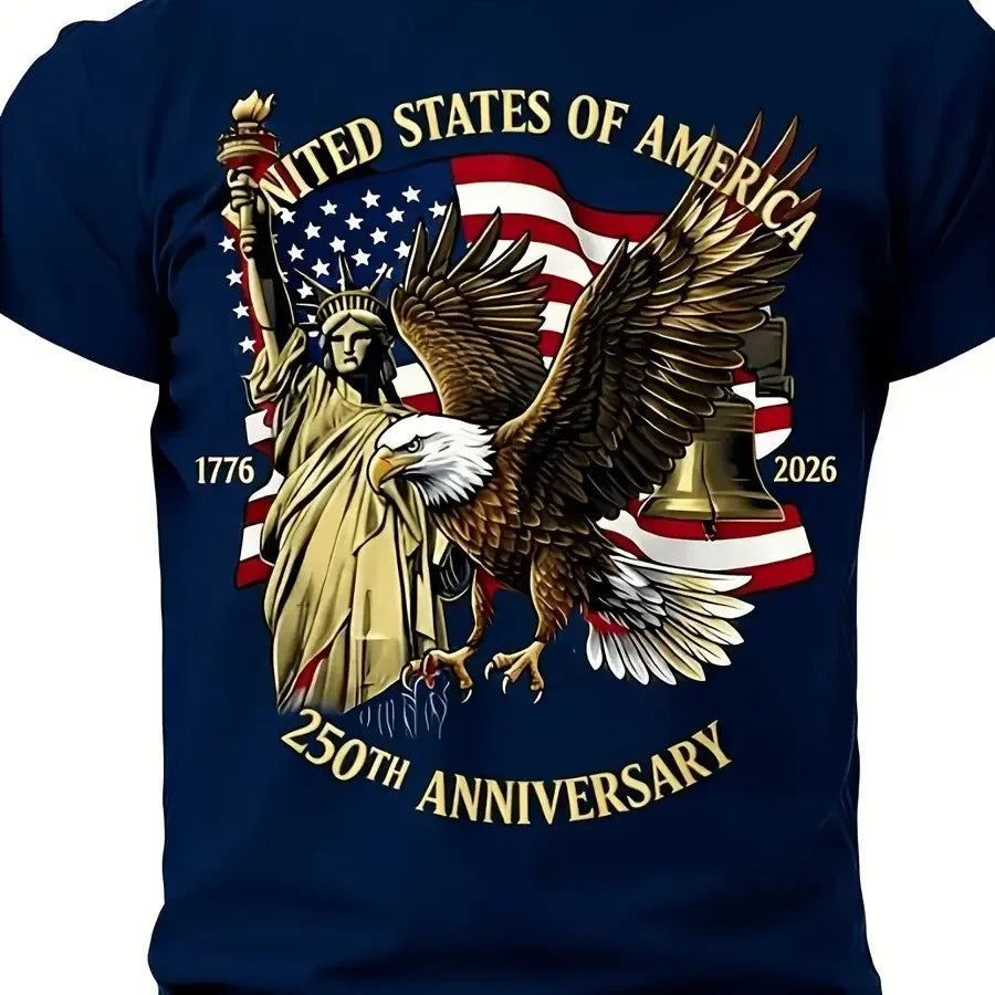 【New Arrival】250th Anniversary USA 1776-2026 T-Shirt American Eagle Liberty Bell Statue of Liberty Patriotic Red Casual Cotton Short Sleeve Tee Unisex Crew Neck Top