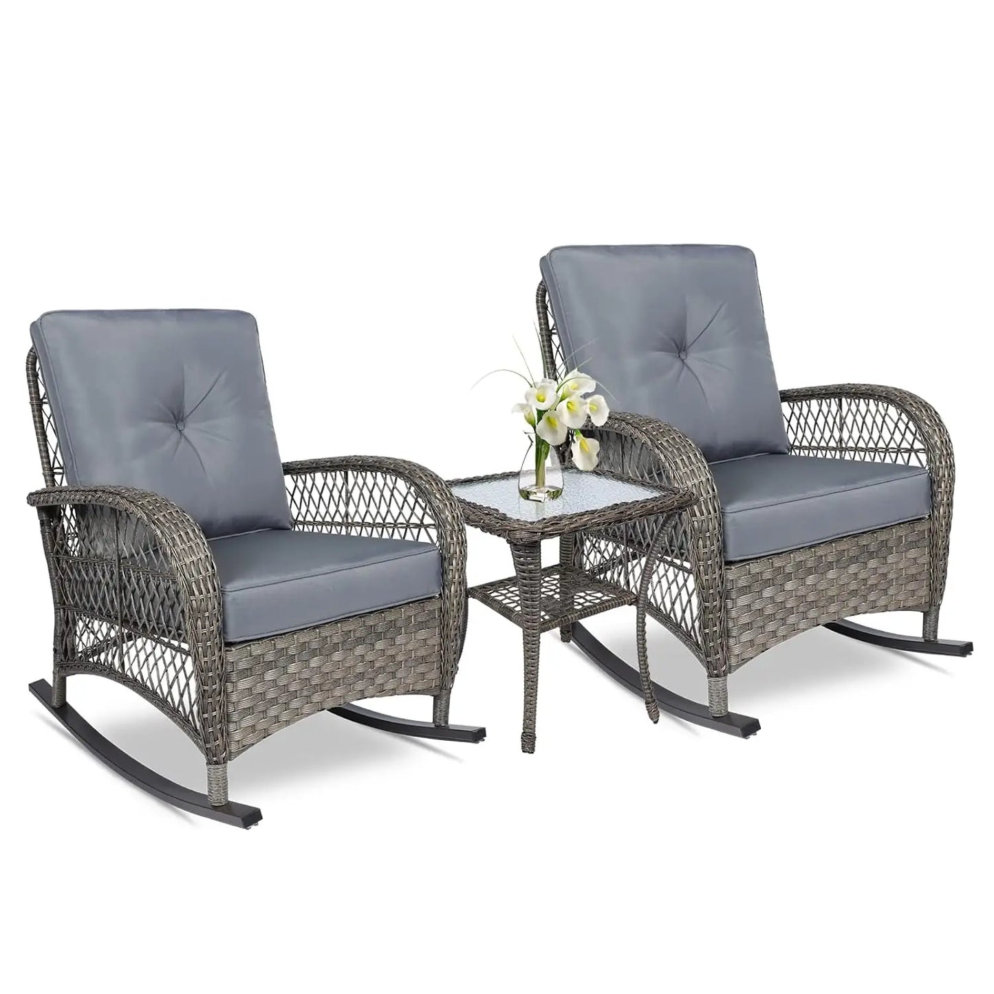 3-Piece Outdoor Conversation Bistro Set, Patio Wicker Rocking Chairs Rattan Furniture Sets w/ 2 Rattan Chairs,, Customized