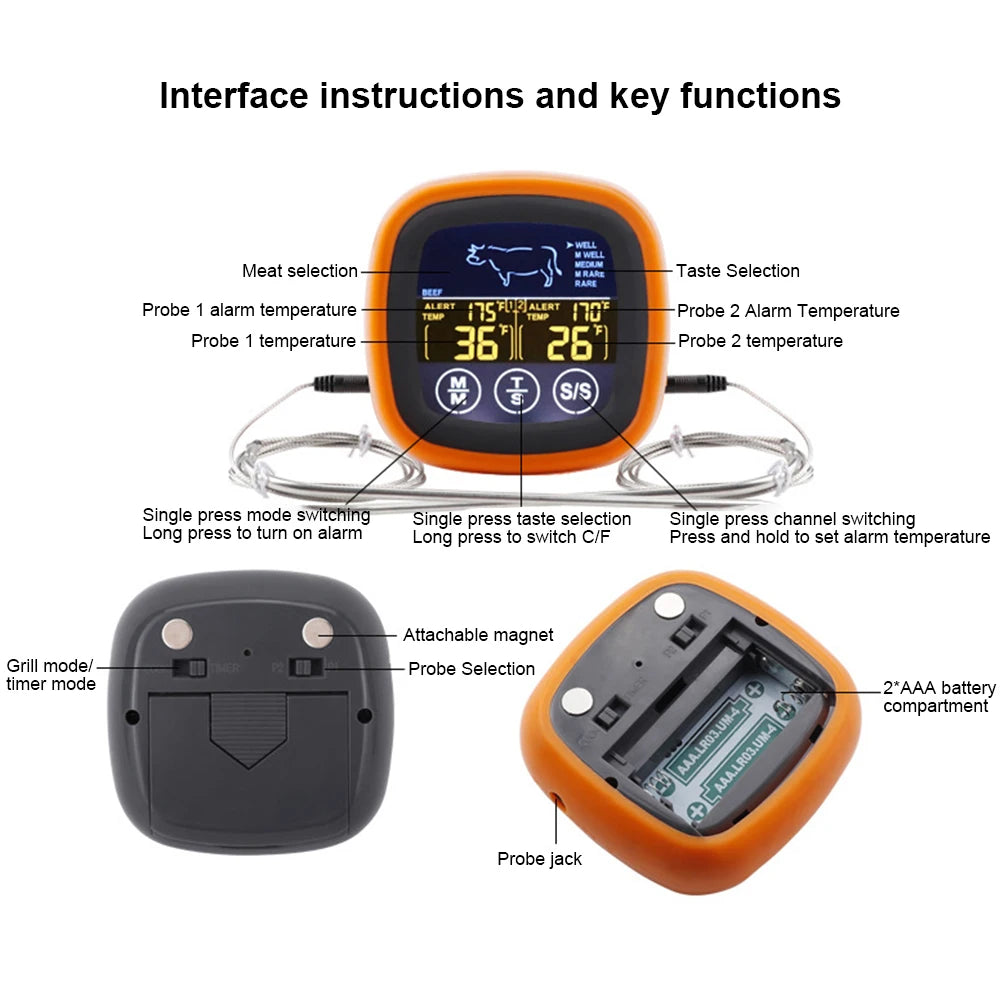 Digital Kitchen Thermometer with 2 Probe Touch Screen Meat Barbecue Food Temperature Measure Tool Steak BBQ Timer Cooking Tools