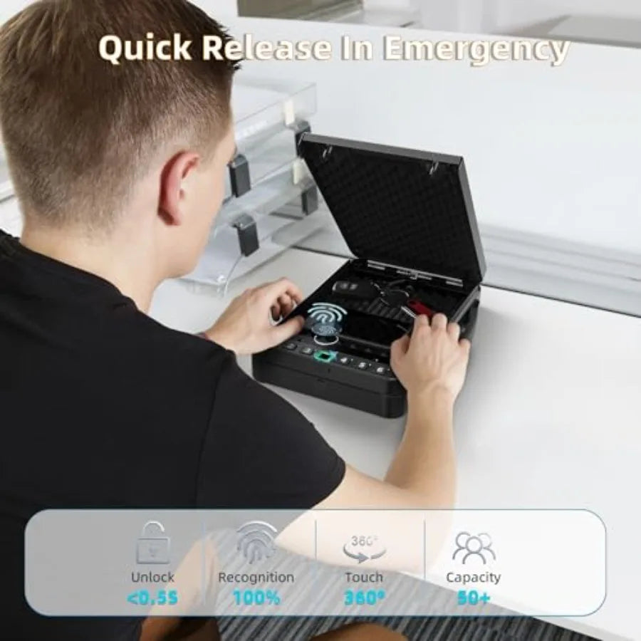 Portable Safe BoxBiometric Gun Safe for Handgun Fingerprint Cabinet Boxes with Keys and Password to Quick Unlock Safe Case for