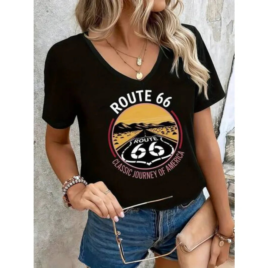 【New style】Plus Size - Women'S Oversized V-Neck T-Shirt With Route 66 Graphic - Classic American Journey Design Black Short Sle