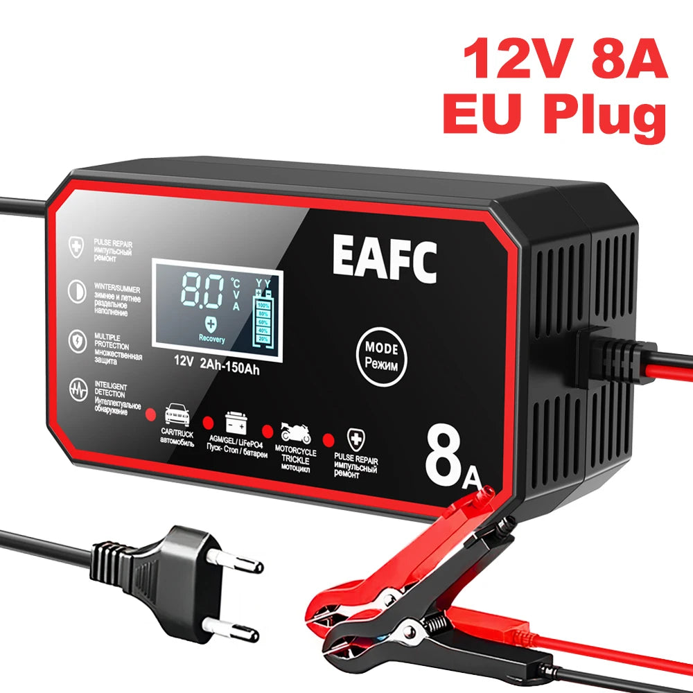 12V 8A/6A Fully Automatic Car Battery Charger Smart Battery Charger for Lead Acid Battery AGM GEL WET LiFePO4 Car Motorcycle