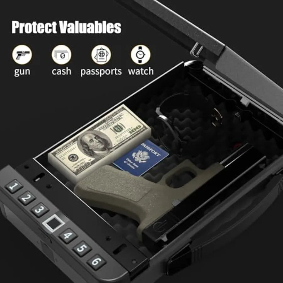 Portable Safe BoxBiometric Gun Safe for Handgun Fingerprint Cabinet Boxes with Keys and Password to Quick Unlock Safe Case for