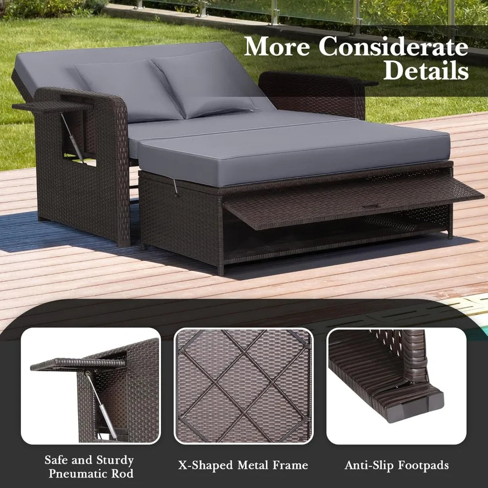 Patio Rattan Daybed Set, Wicker Loveseat Sofa w/Multipurpose Ottoman & Retractable Side Tray, 4-Level Adjustable Backrest, Foot, in Multiple colors.