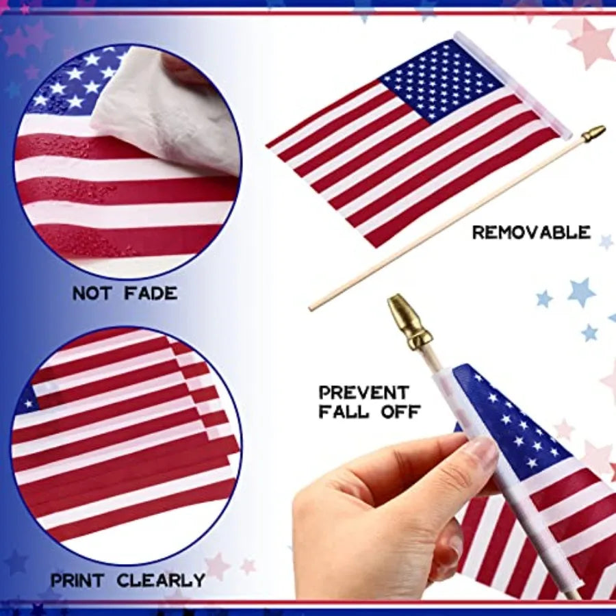 150 Pcs Small American Flags on Stick 8 x 12 Inch Mini US Flags Wooden Stick Bulk for 250th Anniversary Lawn Yard 4th of July Decor