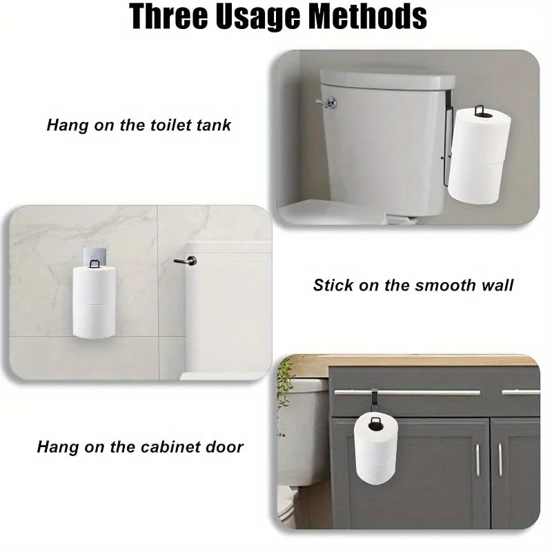 Self-Adhesive Toilet Paper Holder, Black Iron Bathroom Tissue Rack with Towel Bar, No-Drill Wall Mount, Bathroom Storage