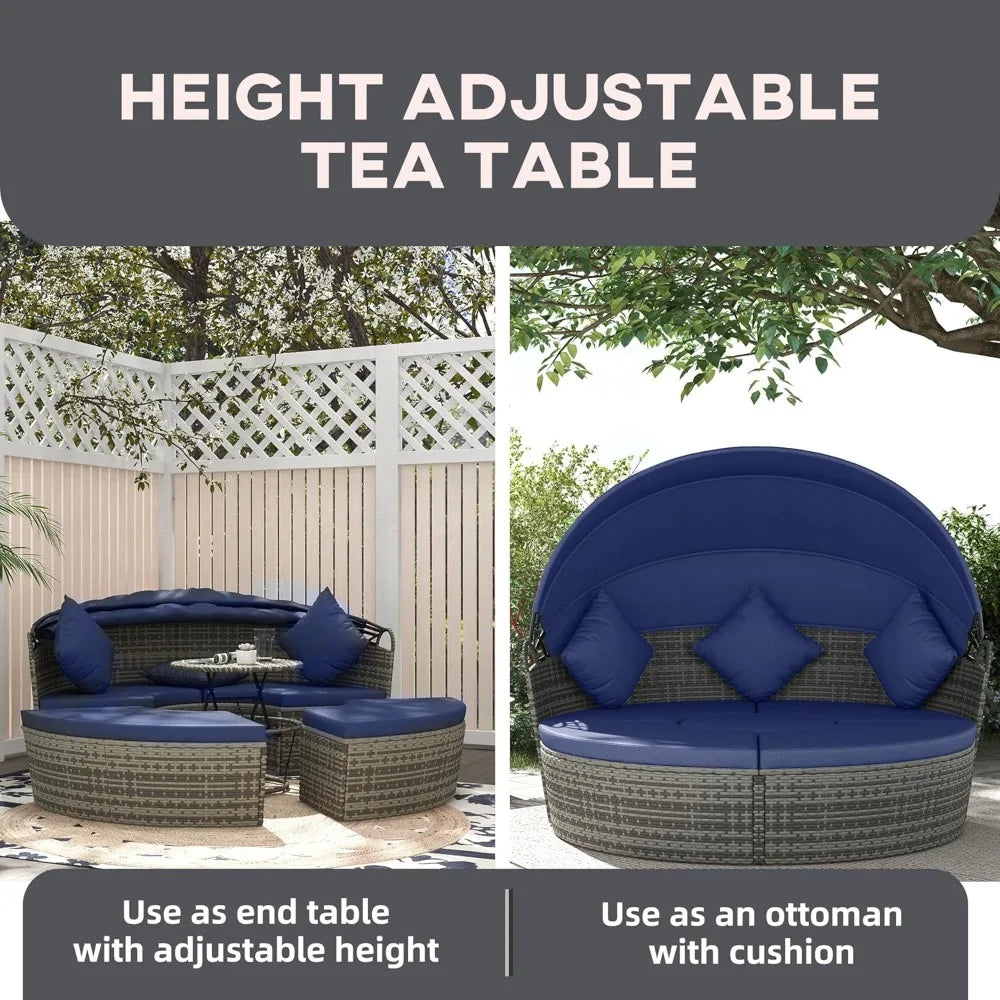 4 Piece Round Rattan Daybed, Convertible Patio Furniture Set, Adjustable Sun Canopy, Sectional Outdoor Sofa, 2 Chairs, Extendin