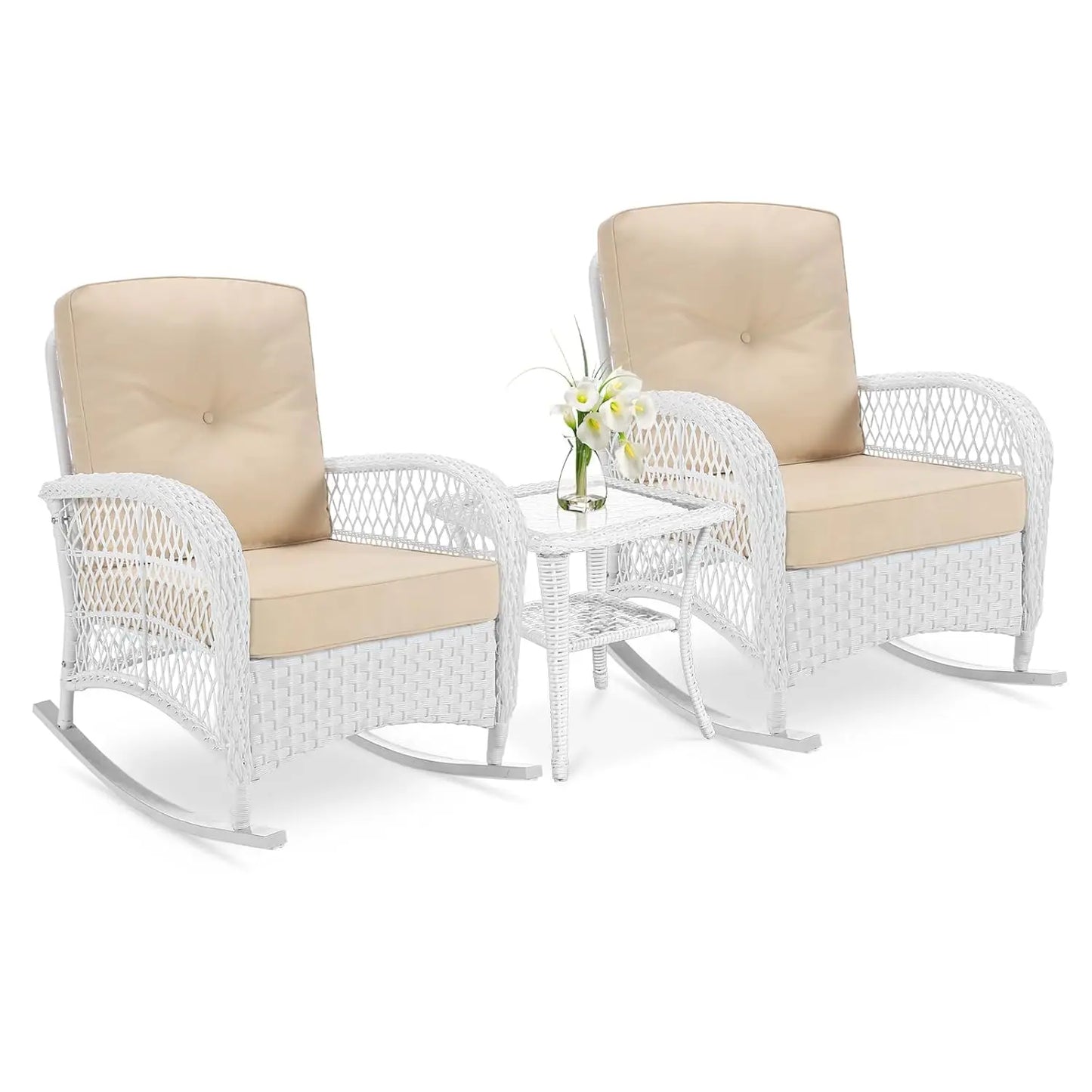 3-Piece Outdoor Conversation Bistro Set, Patio Wicker Rocking Chairs Rattan Furniture Sets w/ 2 Rattan Chairs,, Customized