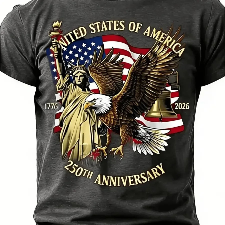 【New Arrival】250th Anniversary USA 1776-2026 T-Shirt American Eagle Liberty Bell Statue of Liberty Patriotic Red Casual Cotton Short Sleeve Tee Unisex Crew Neck Top