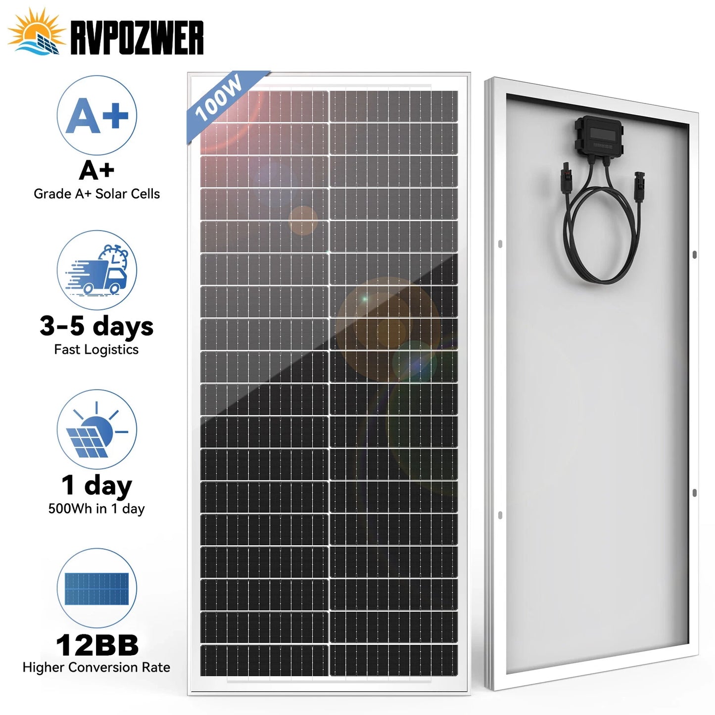 RVPOZWER 12.8V 400/200/100W Rigid Solar Panel 12BB N-Type Solar Cells Monocrystalline Silicon Waterproof Solar Panel Home/RV