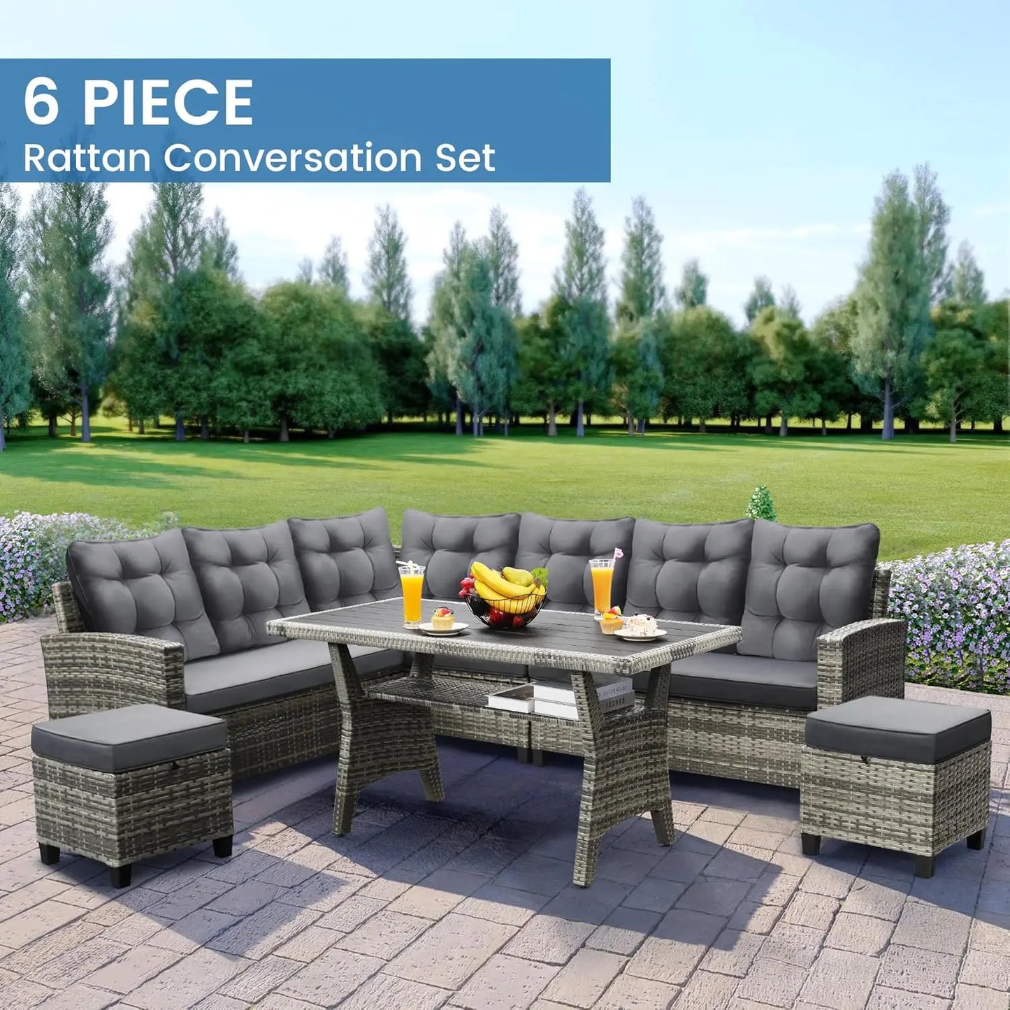 6-Piece Patio Set Sectional Sofa Dining Table Chairs All-Weather Removable Cushion Garden Porch Backyard, Customized