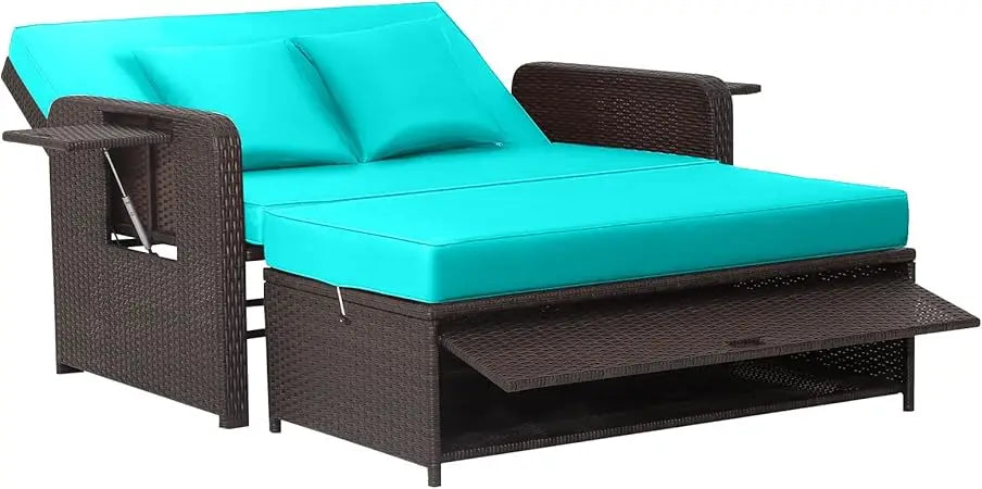 Patio Rattan Daybed Set, Wicker Loveseat Sofa w/Multipurpose Ottoman & Retractable Side Tray, 4-Level Adjustable Backrest, Foot, in Multiple colors.