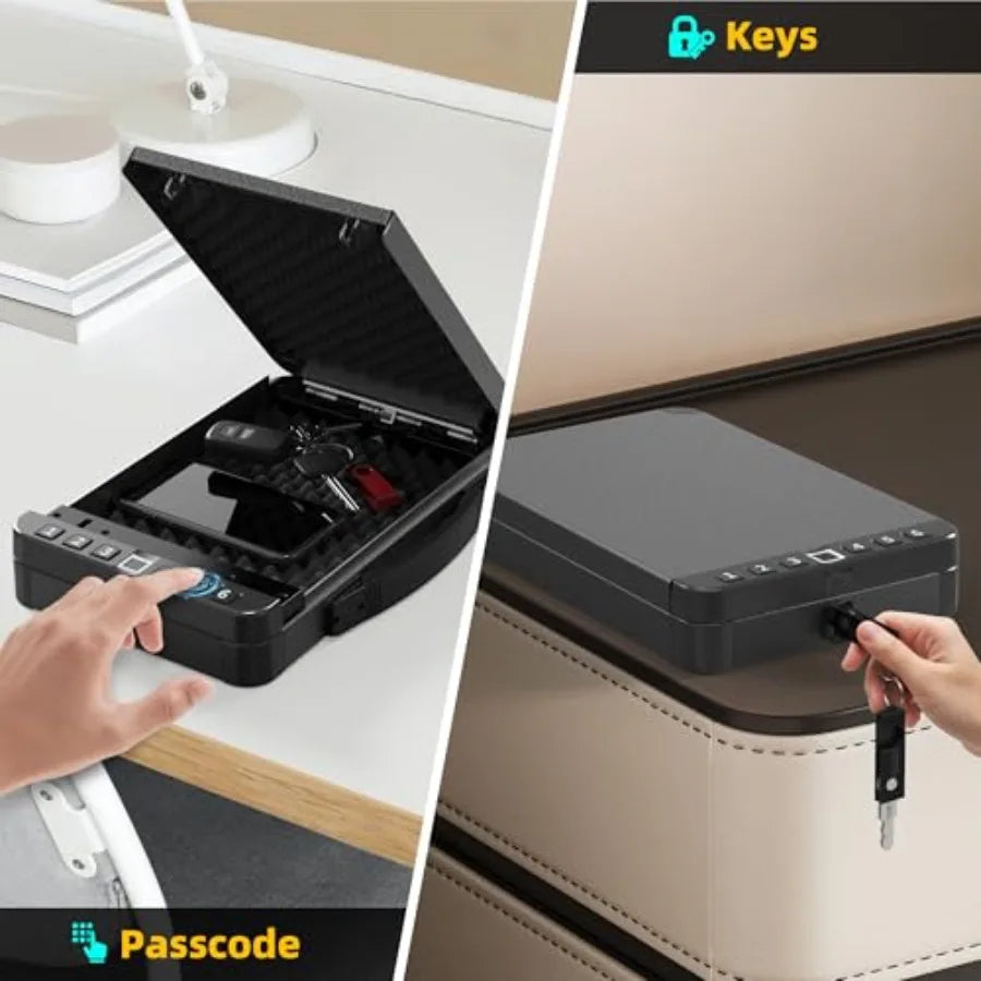 Portable Safe BoxBiometric Gun Safe for Handgun Fingerprint Cabinet Boxes with Keys and Password to Quick Unlock Safe Case for