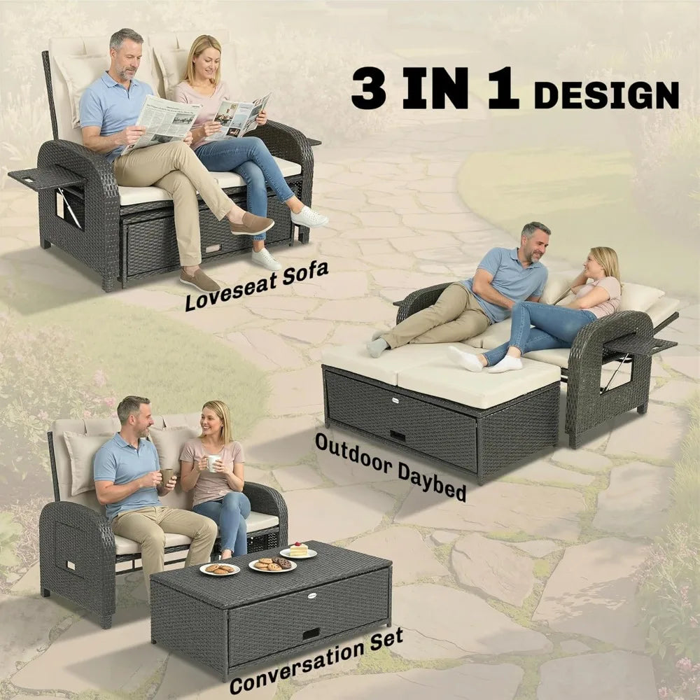 Outsunny Patio Rattan Daybed, Wicker Outdoor Daybed with Storage Ottoman, Loveseat Sofa with Adjustable Backrest, Side Tables