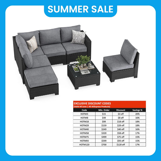Farini Patio Sectional Sofa Set, Outdoor Furniture with Ottoman, Water/Oil/Stain-Resistant Fabric, Dark Gray Cushion + Gray Wick