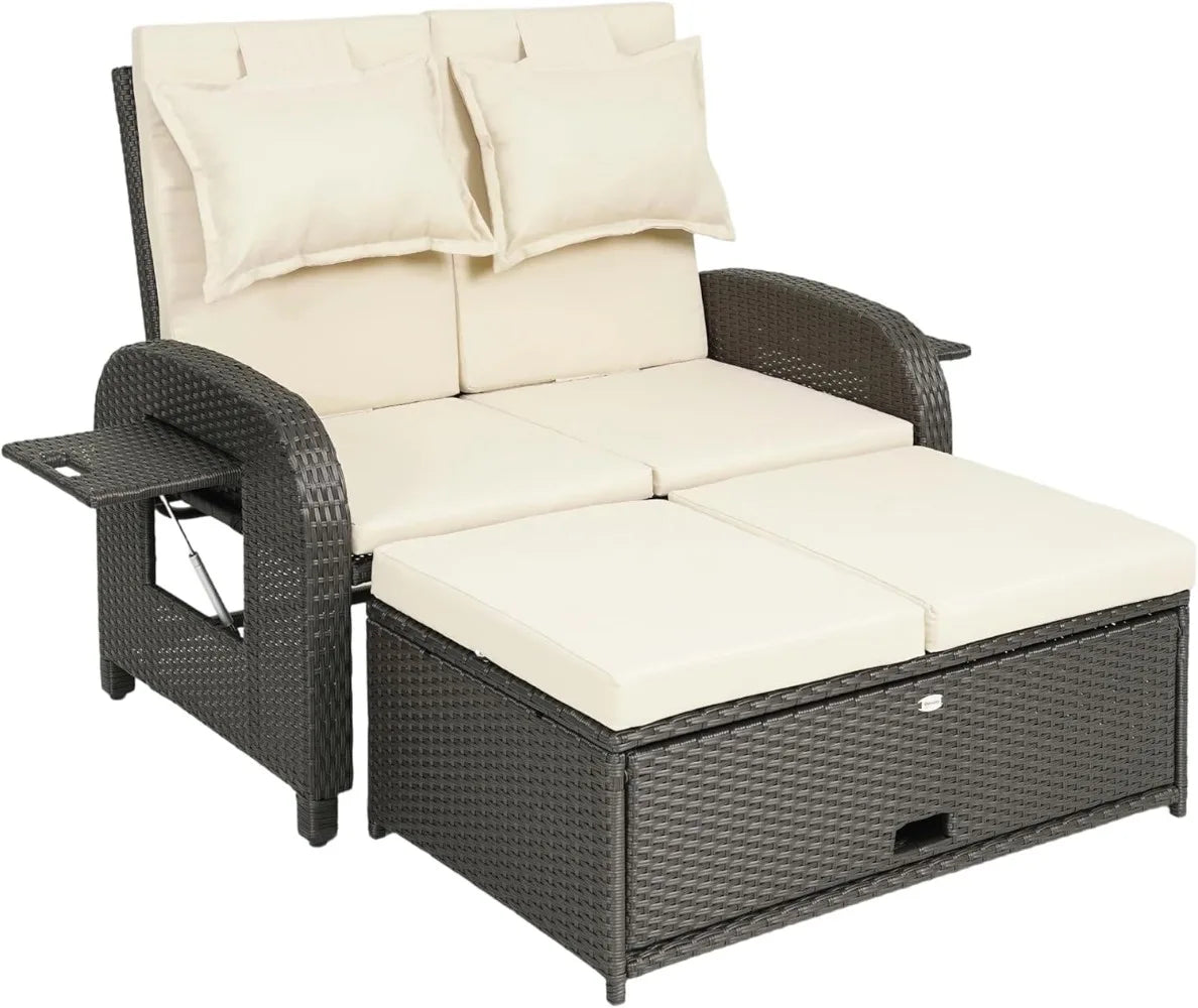 Outsunny Patio Rattan Daybed, Wicker Outdoor Daybed with Storage Ottoman, Loveseat Sofa with Adjustable Backrest, Side Tables