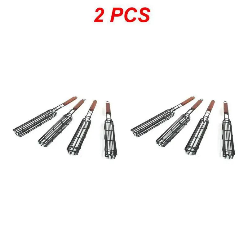 12/3PCS Stainless Steel Barbecue Rack Barbecue Clip Durable Portable Barbecue Basket Paint Coat Wooden Handle Barbecue Net