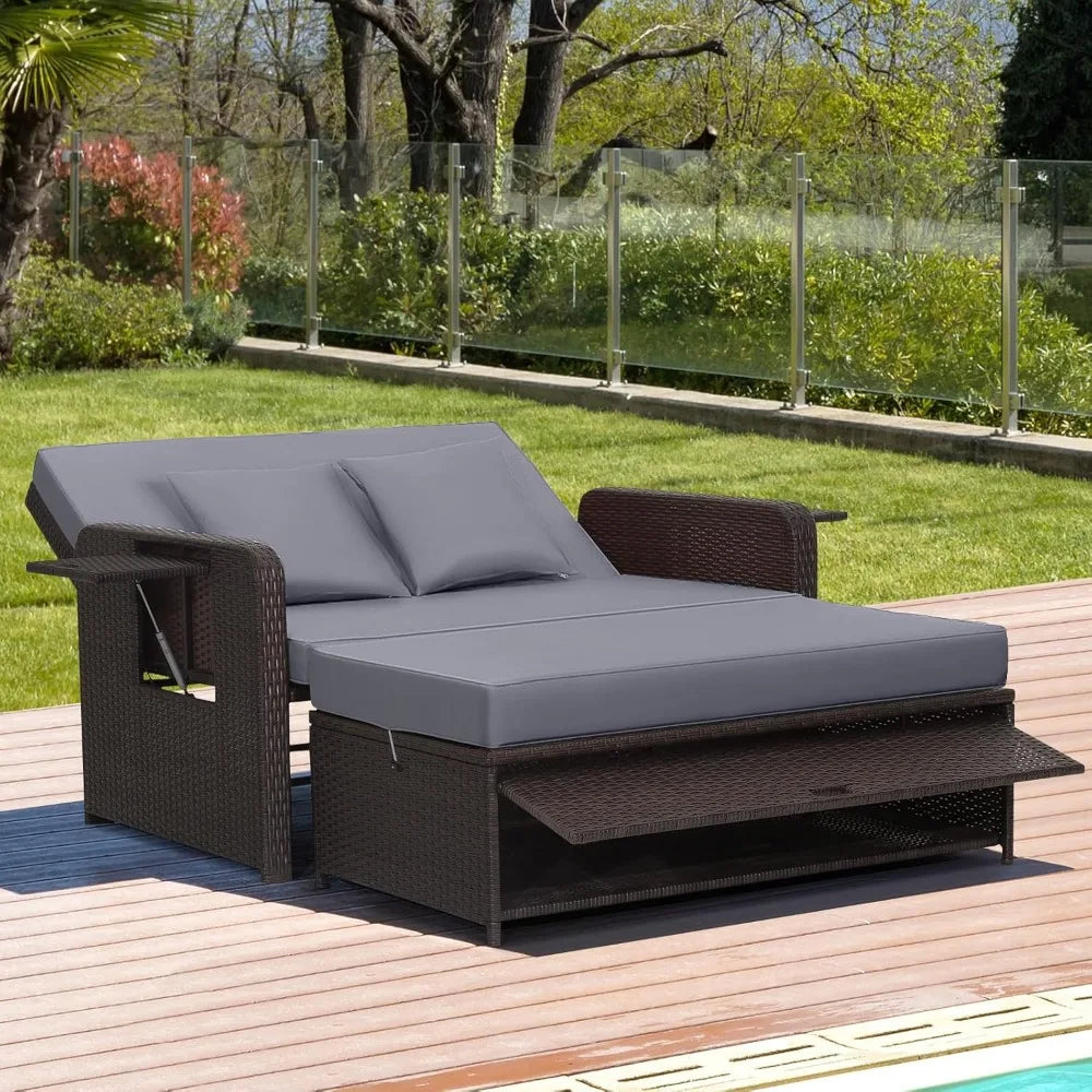 Patio Rattan Daybed Set, Wicker Loveseat Sofa w/Multipurpose Ottoman & Retractable Side Tray, 4-Level Adjustable Backrest, Foot, in Multiple colors.
