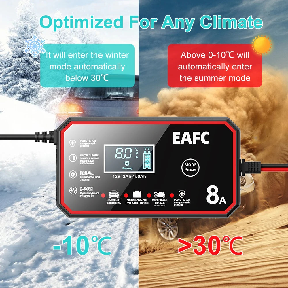 12V 8A/6A Fully Automatic Car Battery Charger Smart Battery Charger for Lead Acid Battery AGM GEL WET LiFePO4 Car Motorcycle