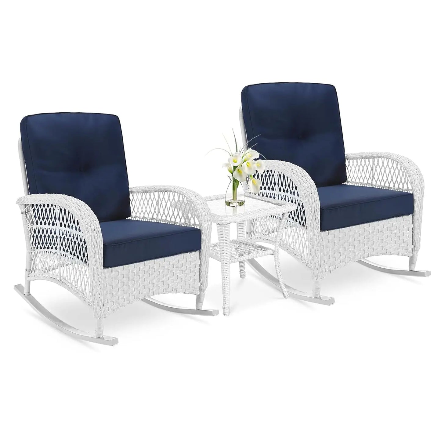 3-Piece Outdoor Conversation Bistro Set, Patio Wicker Rocking Chairs Rattan Furniture Sets w/ 2 Rattan Chairs,, Customized