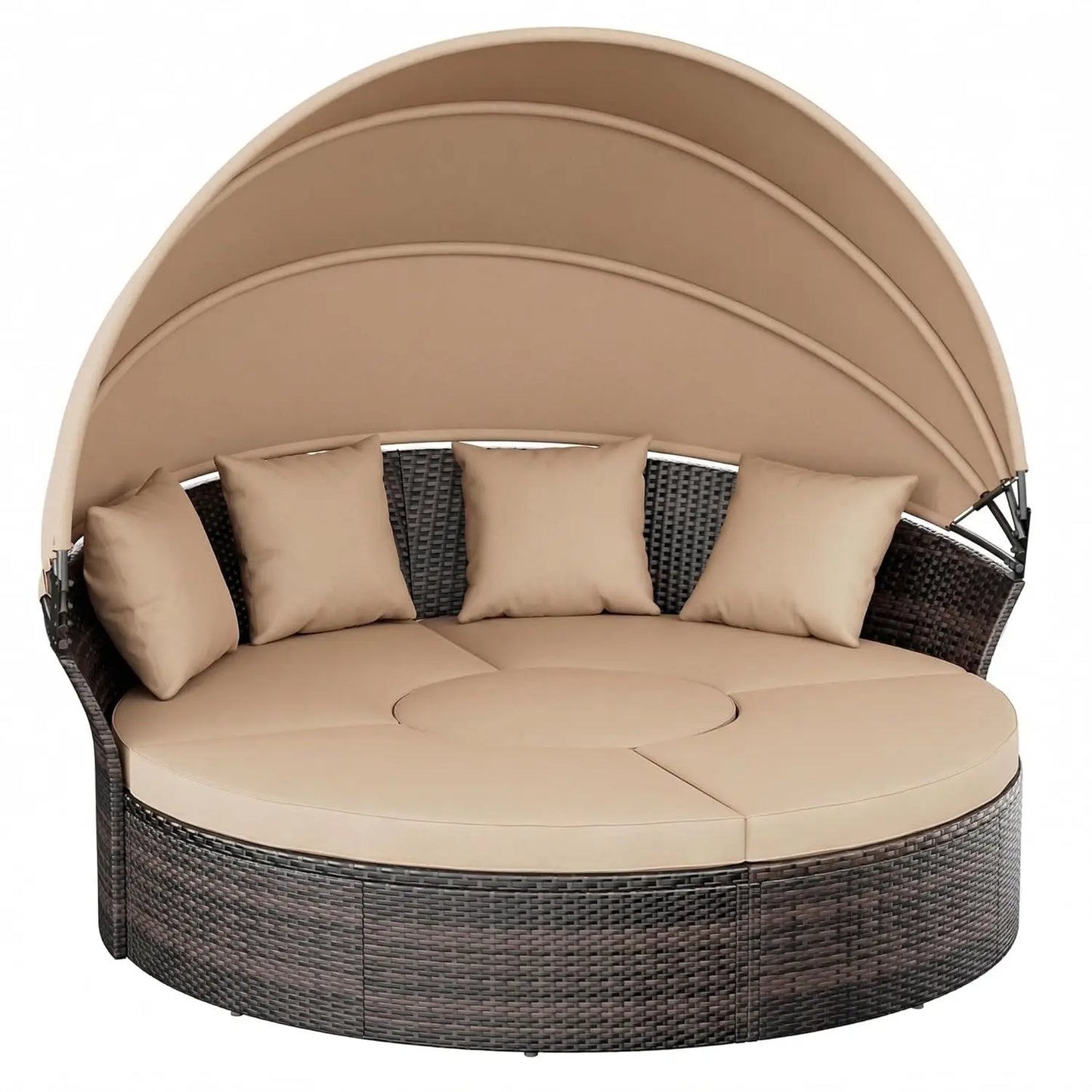 Retractable Canopy Patio Daybed Rattan Sofa Set 5pc Cushioned Seats for Garden Pool Brown Customized