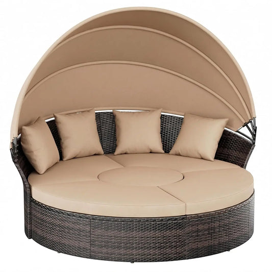 Retractable Canopy Patio Daybed Rattan Sofa Set 5pc Cushioned Seats for Garden Pool Brown Customized