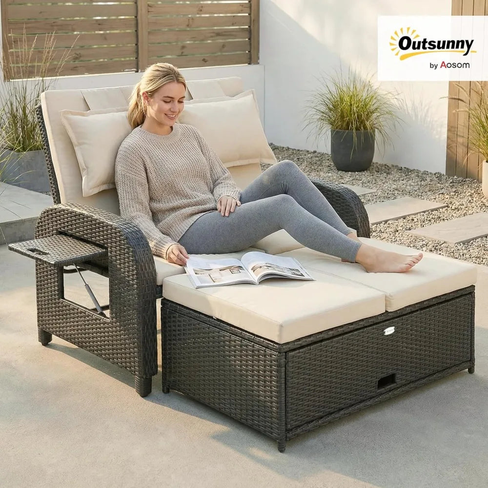 Outsunny Patio Rattan Daybed, Wicker Outdoor Daybed with Storage Ottoman, Loveseat Sofa with Adjustable Backrest, Side Tables