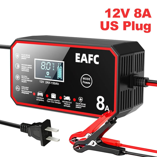 12V 8A/6A Fully Automatic Car Battery Charger Smart Battery Charger for Lead Acid Battery AGM GEL WET LiFePO4 Car Motorcycle