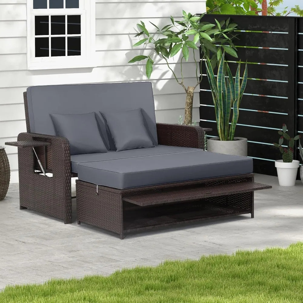 Patio Rattan Daybed Set, Wicker Loveseat Sofa w/Multipurpose Ottoman & Retractable Side Tray, 4-Level Adjustable Backrest, Foot, in Multiple colors.
