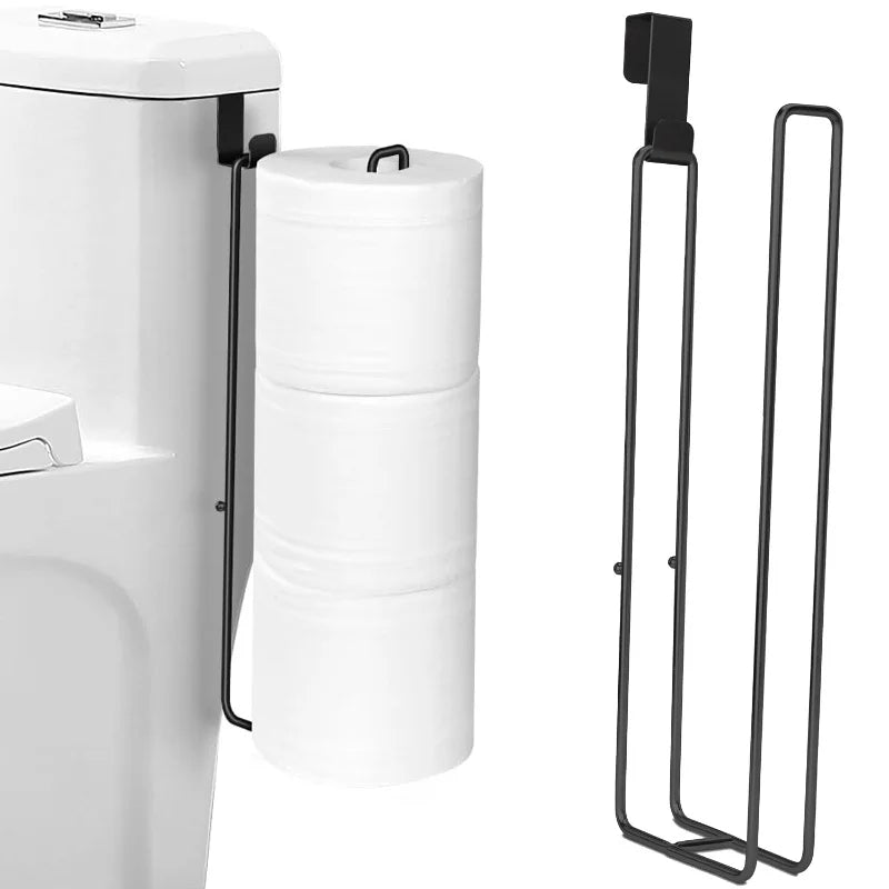 Self-Adhesive Toilet Paper Holder, Black Iron Bathroom Tissue Rack with Towel Bar, No-Drill Wall Mount, Bathroom Storage