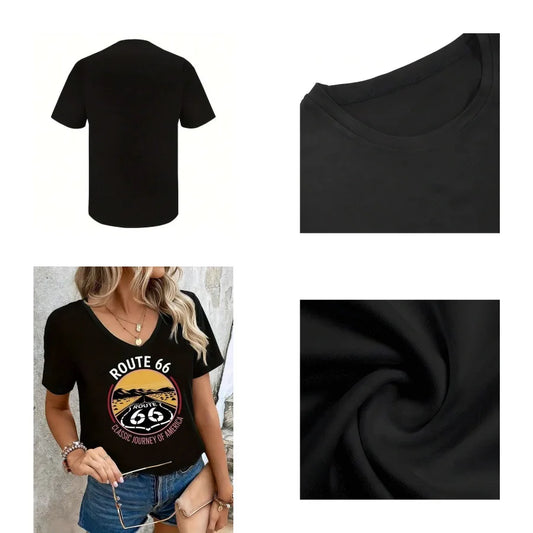 【New style】Plus Size - Women'S Oversized V-Neck T-Shirt With Route 66 Graphic - Classic American Journey Design Black Short Sle