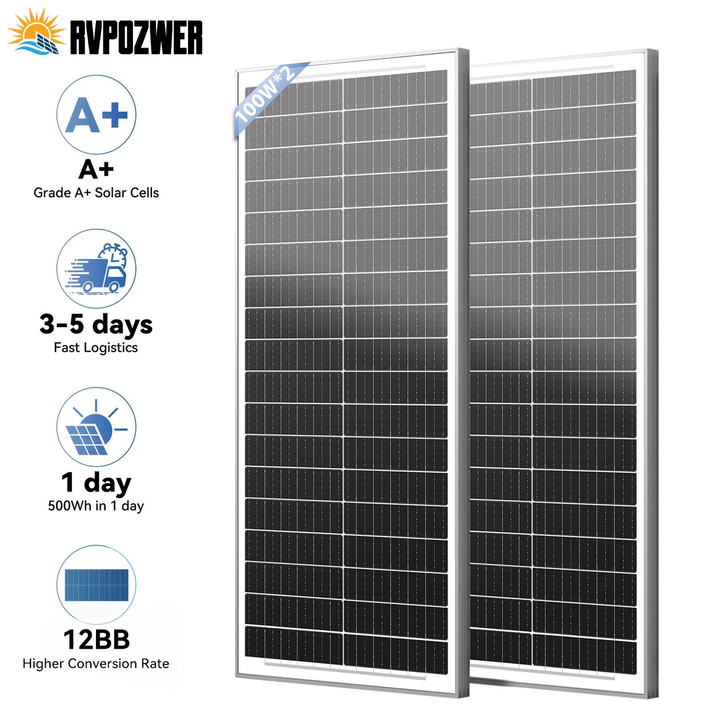 RVPOZWER 12.8V 400/200/100W Rigid Solar Panel 12BB N-Type Solar Cells Monocrystalline Silicon Waterproof Solar Panel Home/RV