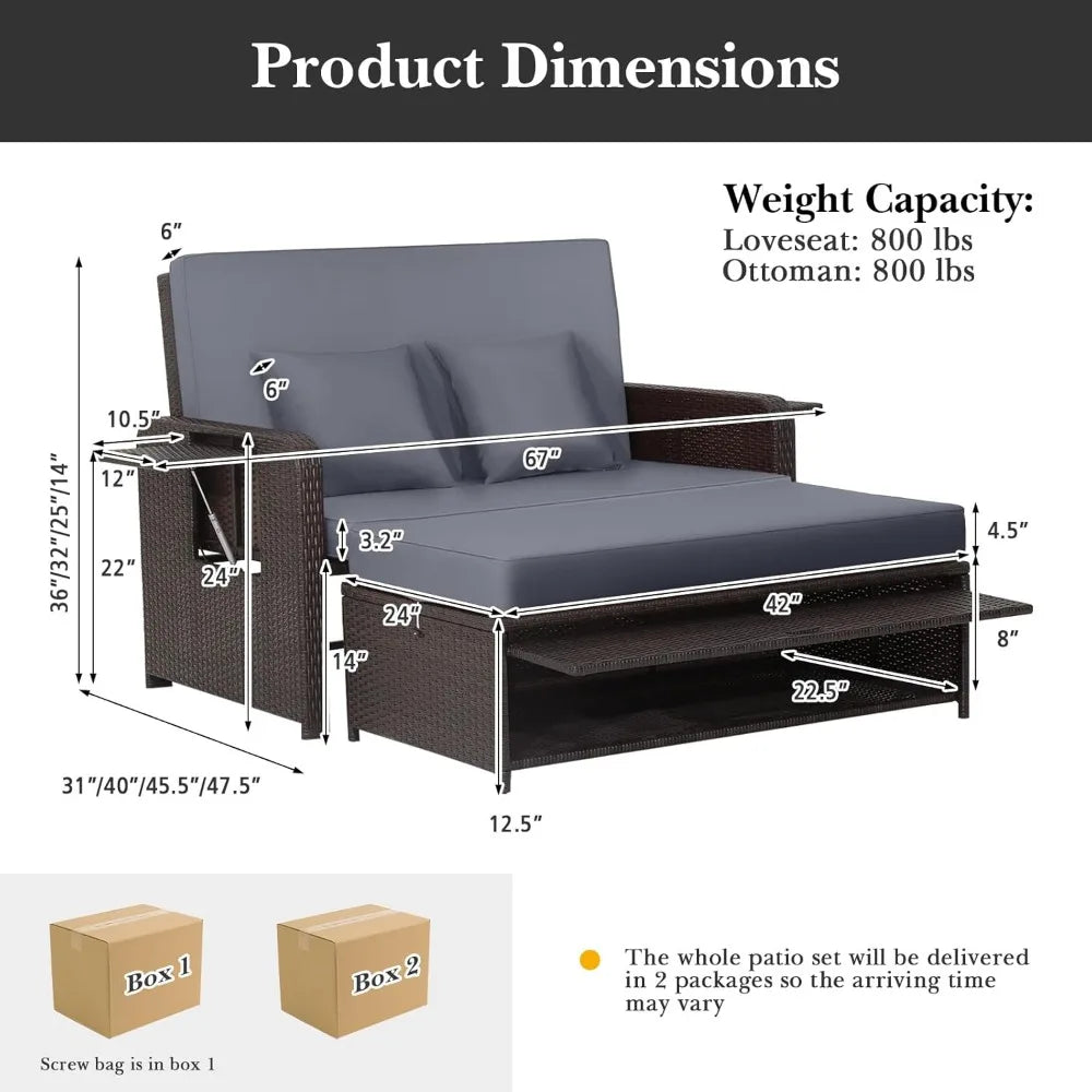 Patio Rattan Daybed Set, Wicker Loveseat Sofa w/Multipurpose Ottoman & Retractable Side Tray, 4-Level Adjustable Backrest, Foot, in Multiple colors.