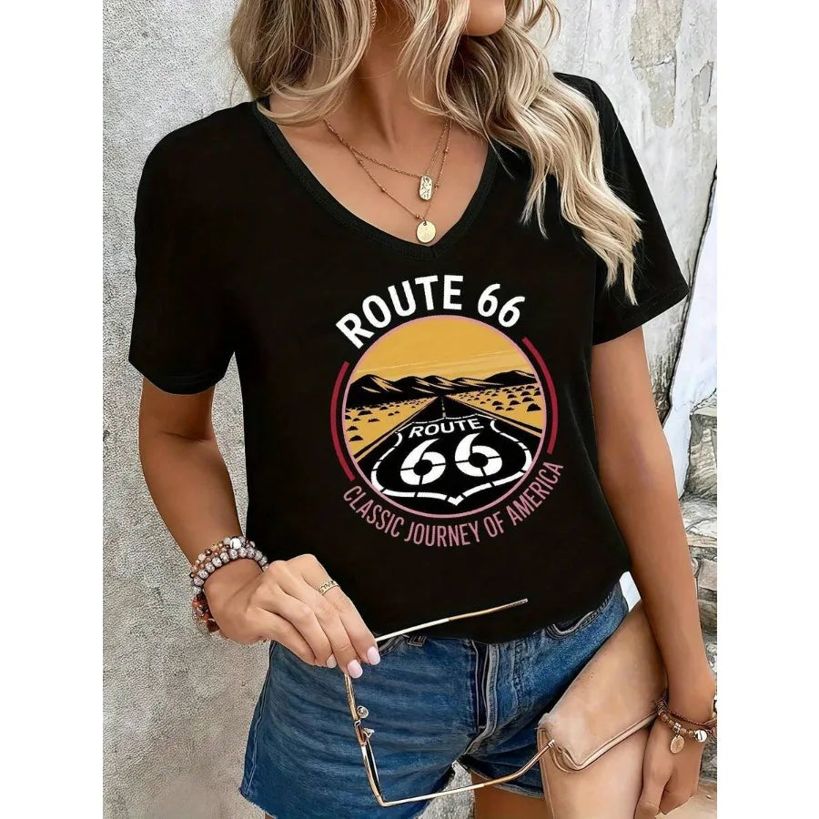 【New style】Plus Size - Women'S Oversized V-Neck T-Shirt With Route 66 Graphic - Classic American Journey Design Black Short Sle