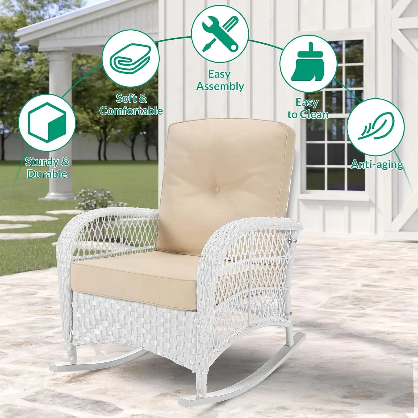 3-Piece Outdoor Conversation Bistro Set, Patio Wicker Rocking Chairs Rattan Furniture Sets w/ 2 Rattan Chairs,, Customized