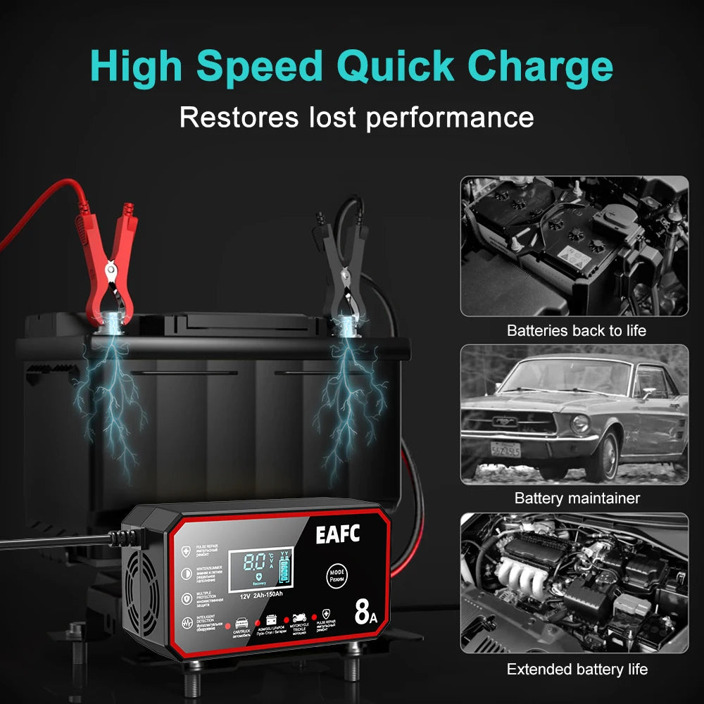12V 8A/6A Fully Automatic Car Battery Charger Smart Battery Charger for Lead Acid Battery AGM GEL WET LiFePO4 Car Motorcycle