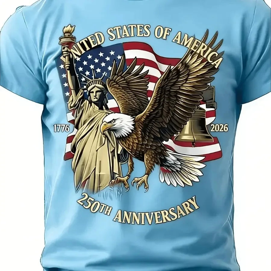 【New Arrival】250th Anniversary USA 1776-2026 T-Shirt American Eagle Liberty Bell Statue of Liberty Patriotic Red Casual Cotton Short Sleeve Tee Unisex Crew Neck Top