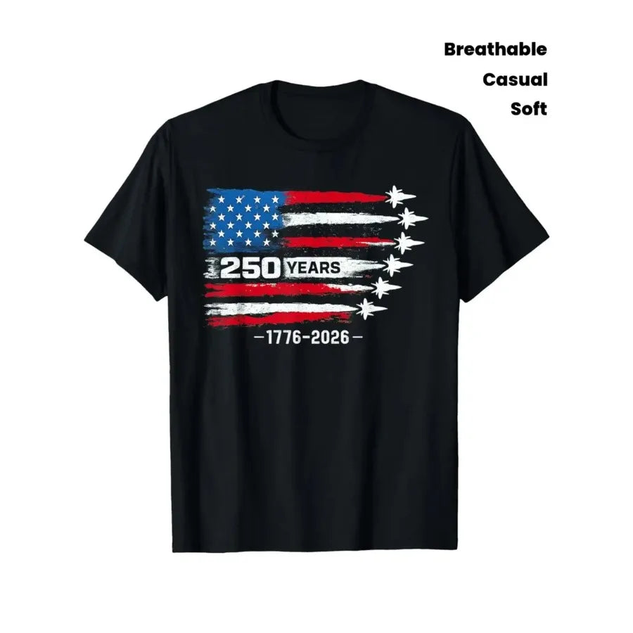 【New Arrival】USA 250th Anniversary 1776-2026 Flag T-Shirt, Black American Flag Fighter Jet Tee, Patriotic 4th of July Casual Streetwear