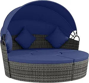 4 Piece Round Rattan Daybed, Convertible Patio Furniture Set, Adjustable Sun Canopy, Sectional Outdoor Sofa, 2 Chairs, Extendin