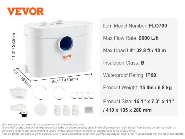 SucceBuy Macerator Pump 500W/700W/900W/1200W Waste Water Disposal Upflush Machine for Toilet, Basement, Shower, Laundry, Bathtub